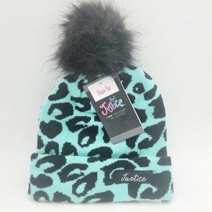 Justice turquois/black Studded Beanie Hat With Pom Warm One Size Watch Cap Knit